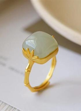 天然白玉竹节戒指银镶嵌简约工艺