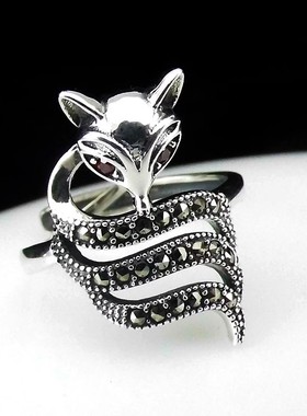 S925银狐狸开口戒指复古民族风