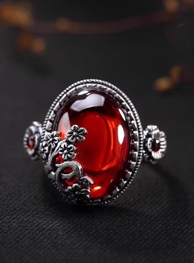 S925银石榴红天然黄玉髓戒指