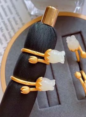 复古中式花朵白玉宫廷镀金活口戒指玉兰花食指戒女款民族风指环礼