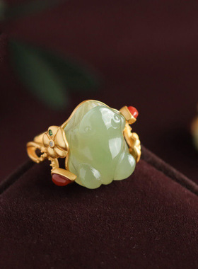 招财青蛙碧玉小众镀金活口戒指民族风荷叶食指戒女款指环手饰品礼