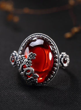 铜镀银活口指环镶嵌红玉黄玉髓复古梅花女款民族风高档百搭戒指