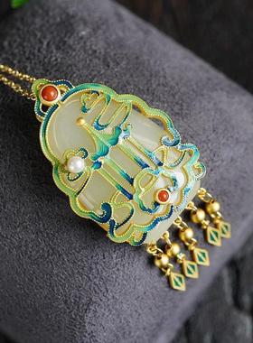 天然如意玉石镀金锁骨项链女款民族风冷珐琅吊坠复古高级感毛衣链