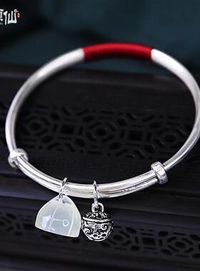 女款铃铛莲花白玉镀银活口手镯