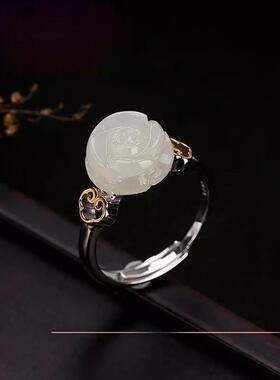 镀银镶嵌天然白玉玫瑰花复古文艺民族风活口戒指女时尚女指环饰品