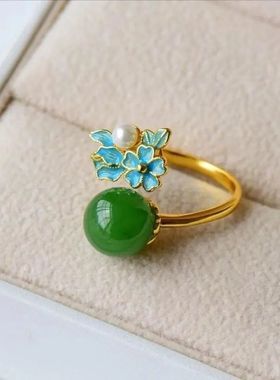 珐琅镀金活口戒指镶嵌白玉碧玉珍珠珐琅古典优雅指环女气质食指戒