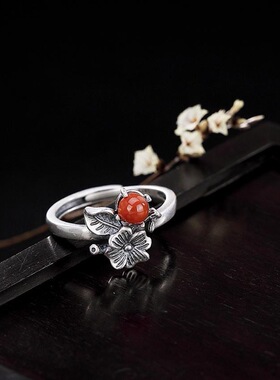 复古个性时尚设计桃花镶嵌戒指简约时尚气质女士款开口戒指环
