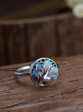 女镀银款孔雀花丝活口戒指