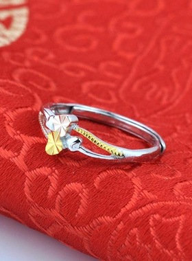 戒指女银电彩金戒指双心戒指简约时尚设计开口日韩气质银饰女士款