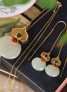 合金镀金锁骨项链镶嵌白玉葫芦吊坠民族风中式复古项坠挂坠颈饰品