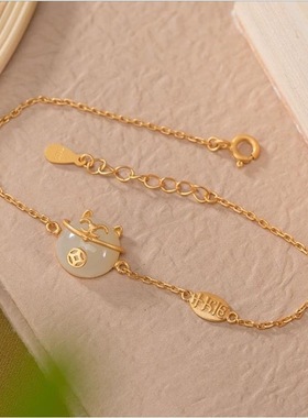 白玉招财猫镀金手链小猫咪复古精美女款民族风中式手环手串手饰品