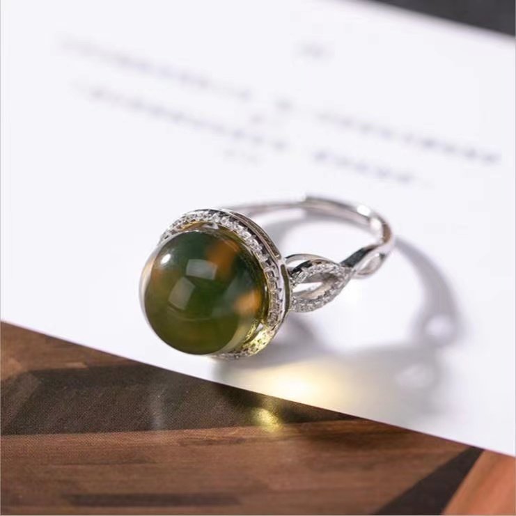 波纹琥珀宝石时尚气质银手饰小众设计气质百搭开口指环戒指女士款