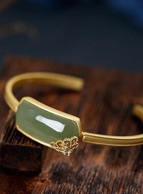 新款平安无事牌复古手镯镀金镯子女款碧玉开口宫廷民族风手饰品