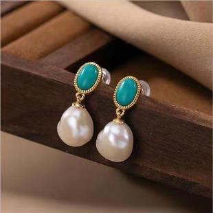 绿松石耳钉镀金色嵌珍珠耳坠气质简约百搭高贵耳饰复古风女士款