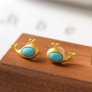 复古睡美人绿松石小海豚纯银耳钉镀金时尚气质女金色可爱耳饰礼物