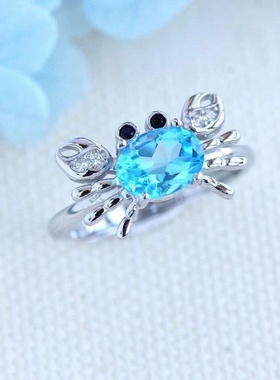 新款海蓝色石戒指女小螃蟹个性时