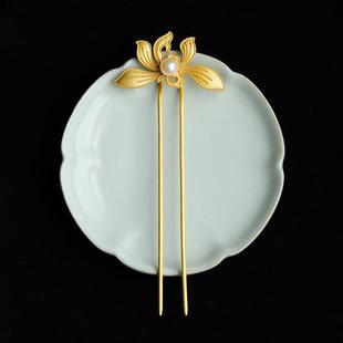 金兰花簪珍珠古典气质汉服合金镀金发簪发钗气质民族风饰品送长辈