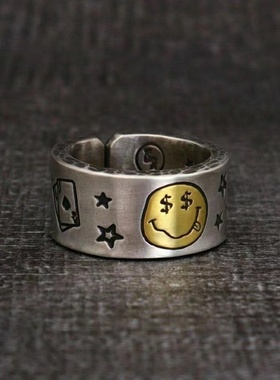 复古做旧星星扑克牌笑脸指环开口