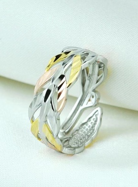 纯银镀彩金树叶戒指女个性时尚百搭彩银食指日韩潮女士款戒指饰品