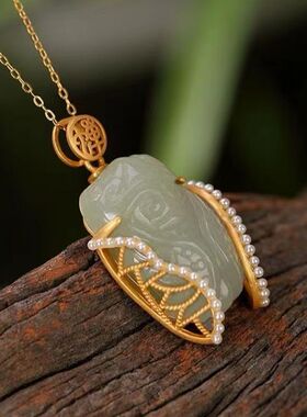 金蝉竹节纯银项链女古法金原创小众设计高级感新中式碧绿吊坠项链