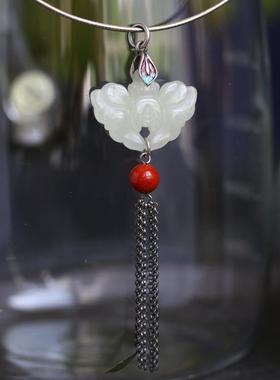 合金镀银锁骨项链镶嵌蝴蝶白玉女款民族风流苏吊坠中式项坠颈饰品