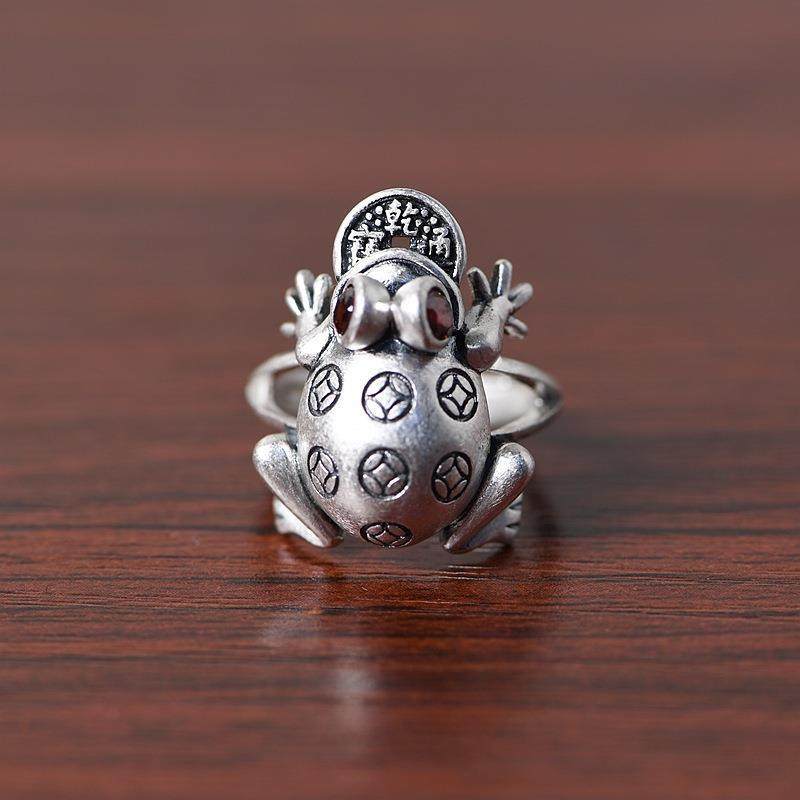 招财蟾蜍戒指镀白金色复古民族风男女金钱币祥瑞开口金蟾指环礼物