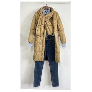 新品 90白鸭绒 新中式羽绒服 杏色 带围巾 长款重工绗缝 轻盈保暖