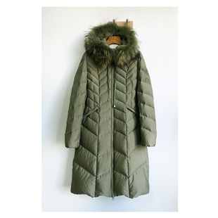新品 90白鸭绒 绿色加厚羽绒服 280g长款 真貂毛领 重工绗缝 原单