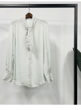 新品 16姆米双乔女士真丝衬衫 薄荷绿 撞红线 系带 蚕丝 OL风