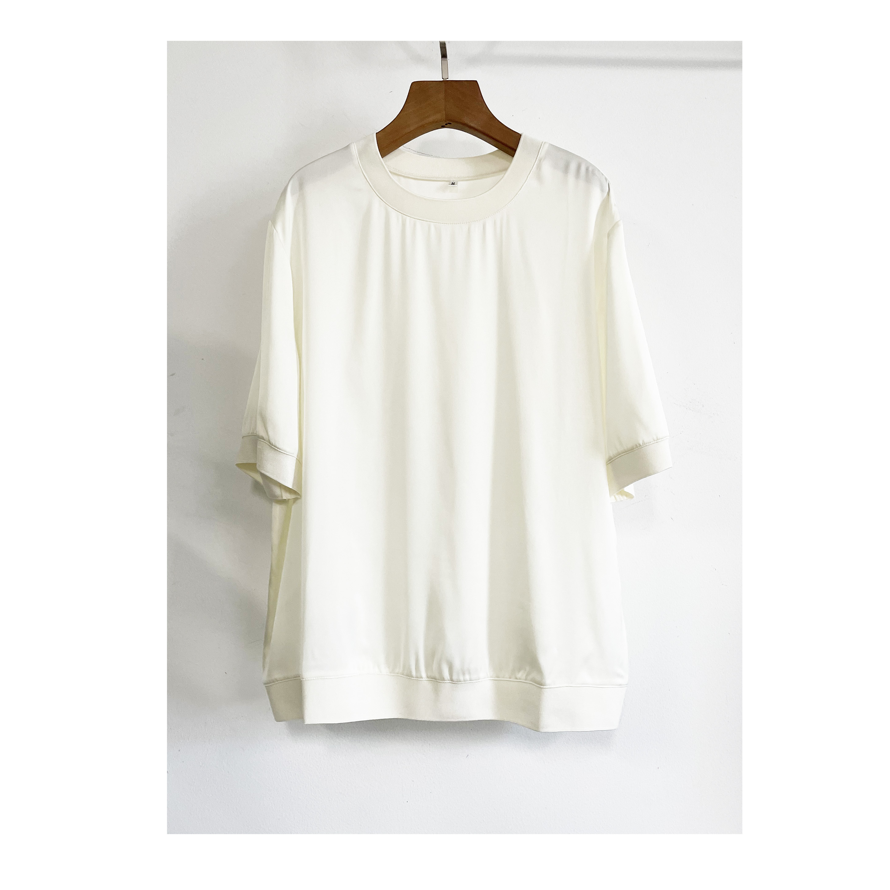 新品 重磅真丝色丁圆领上衣 套头衫 奶白色 100%桑蚕丝 外贸高货