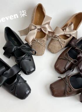 【Seven柒】2cm复古风方头可拆卸绑带芭蕾舞鞋女平底蝴蝶结单鞋