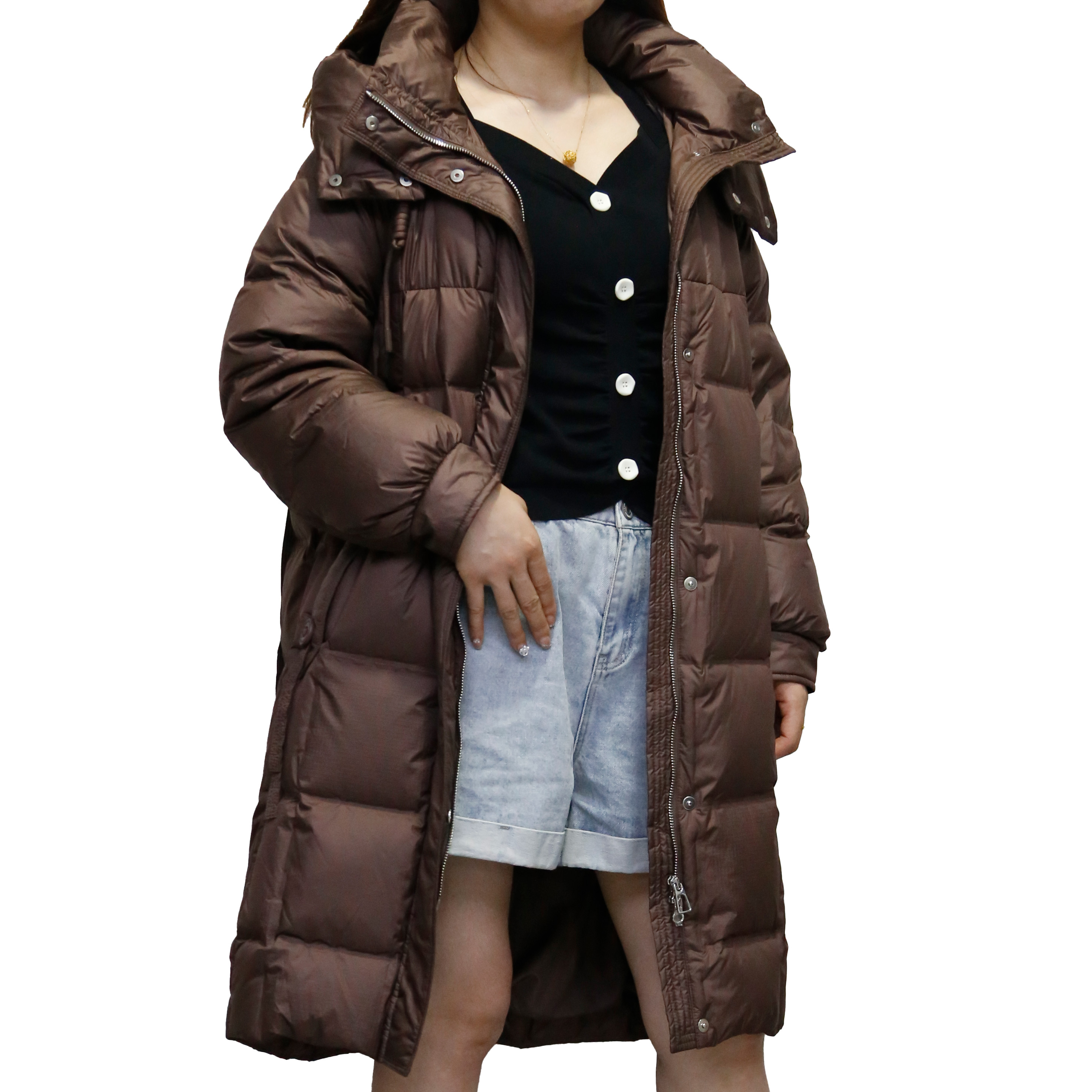 可路莎 247814款 冬季新品茧型连帽立领长羽绒服 休闲宽松女款