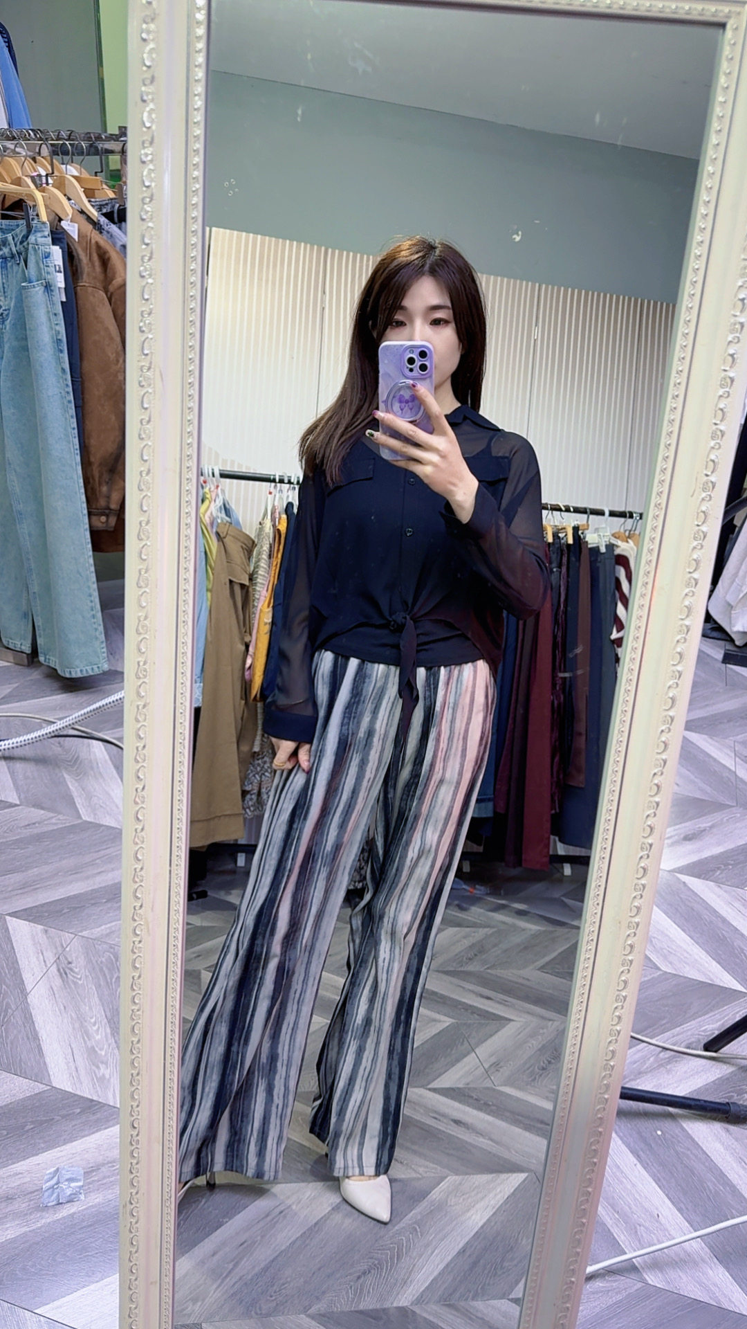 082时尚休闲百搭减龄显瘦条纹阔腿裤搭配衬衣吊带三件套