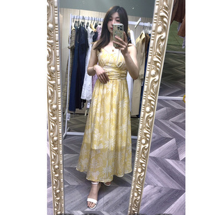 可路莎专柜正品 热带印花日常 252542吊带长裙收腰黄色连衣裙女装