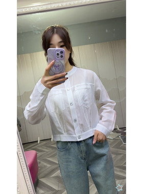 可路莎正品251048 白色圆领单排扣设计感百搭长袖上衣防晒