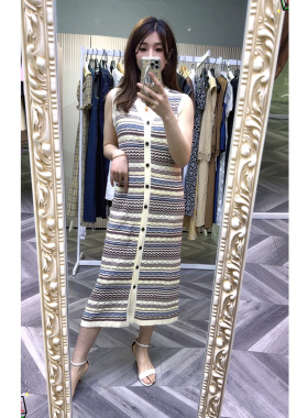 可路莎专柜正品252410条纹2026年夏季百搭款修身连衣裙V领针织衫