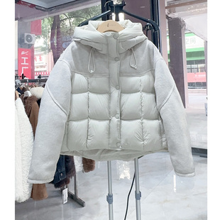 可路莎257480短款羽绒服女连帽呢料拼接白鸭绒外套时尚韩版保暖