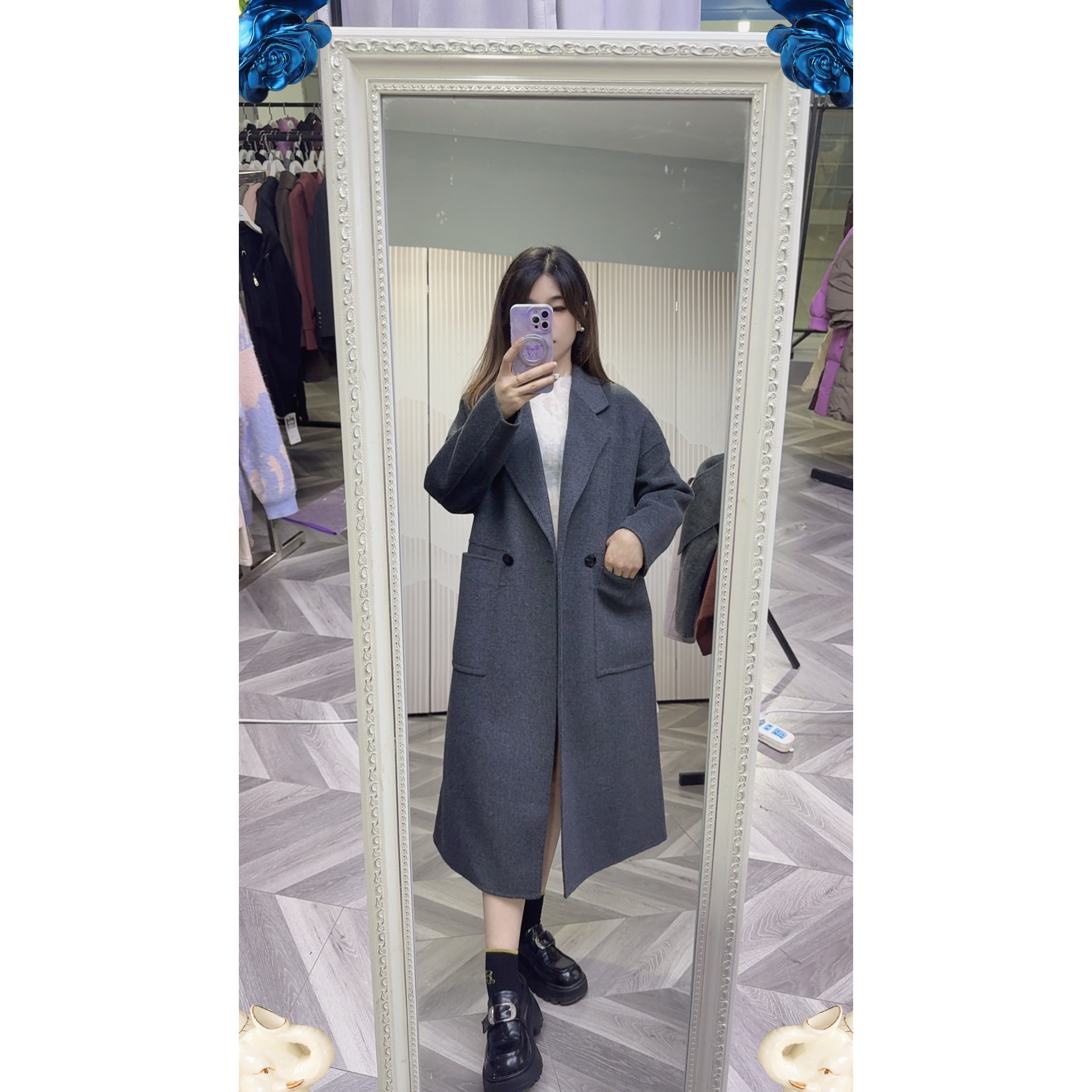 可路莎248845长款呢子大衣 冬季新品大口袋西服领长双面呢显瘦女