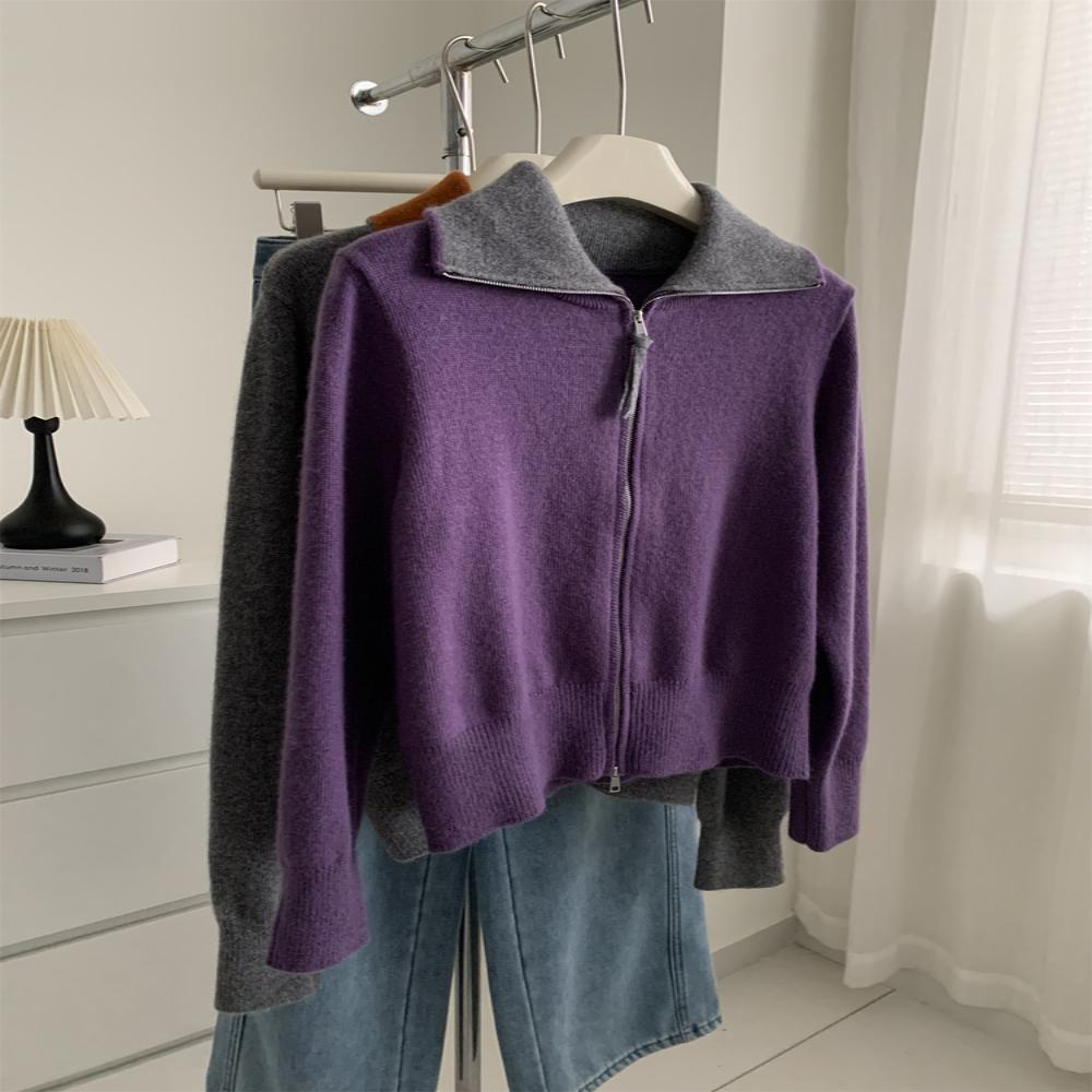 【Miss陸】领绵羊毛针织拉链开衫女秋冬兔毛毛衣外套气质上衣开衫