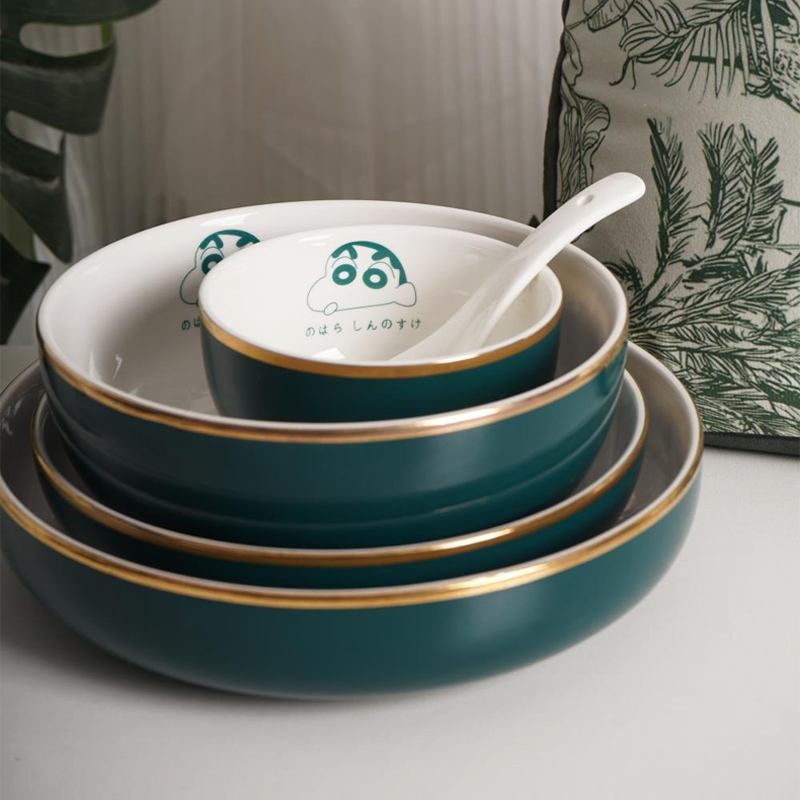 蜡笔小新金边陶瓷餐具盘碗卡通创意汤碗家用米饭碗勺子套装
