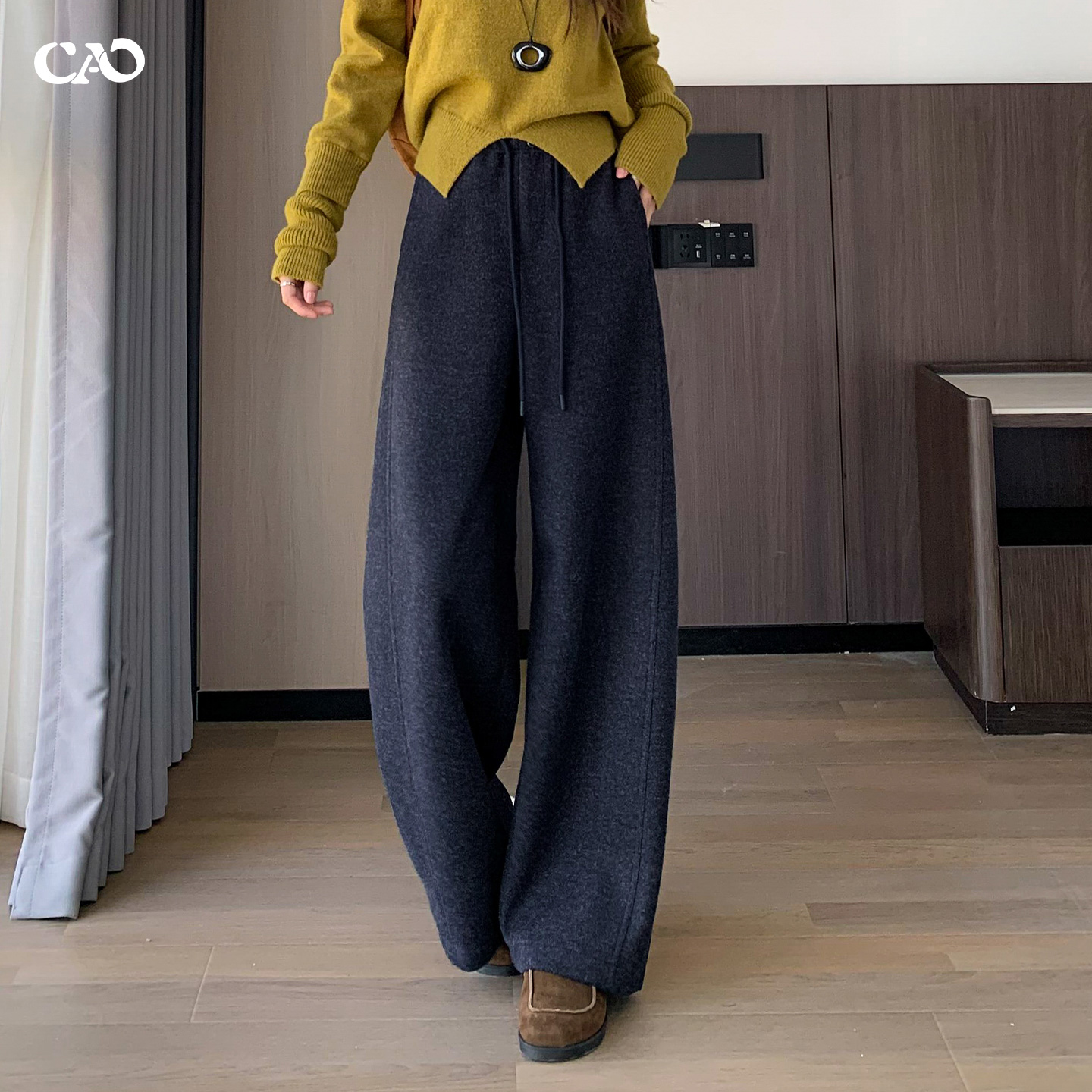 毛呢弯刀裤女藏蓝秋冬款镰刀高腰