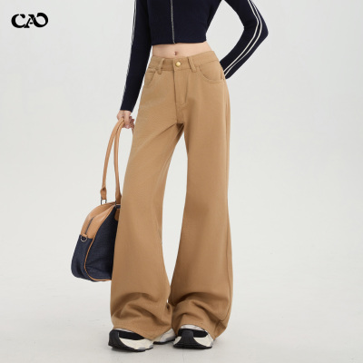 微喇牛仔裤女卡其色春秋新款复古