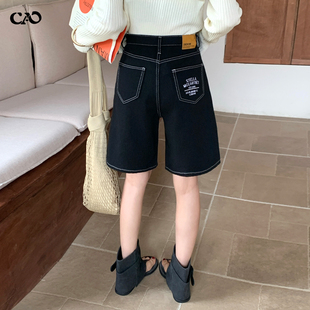 中裤 牛仔短裤 撞色刺绣设计高腰宽松显瘦阔腿五分裤 新款 女2026夏季
