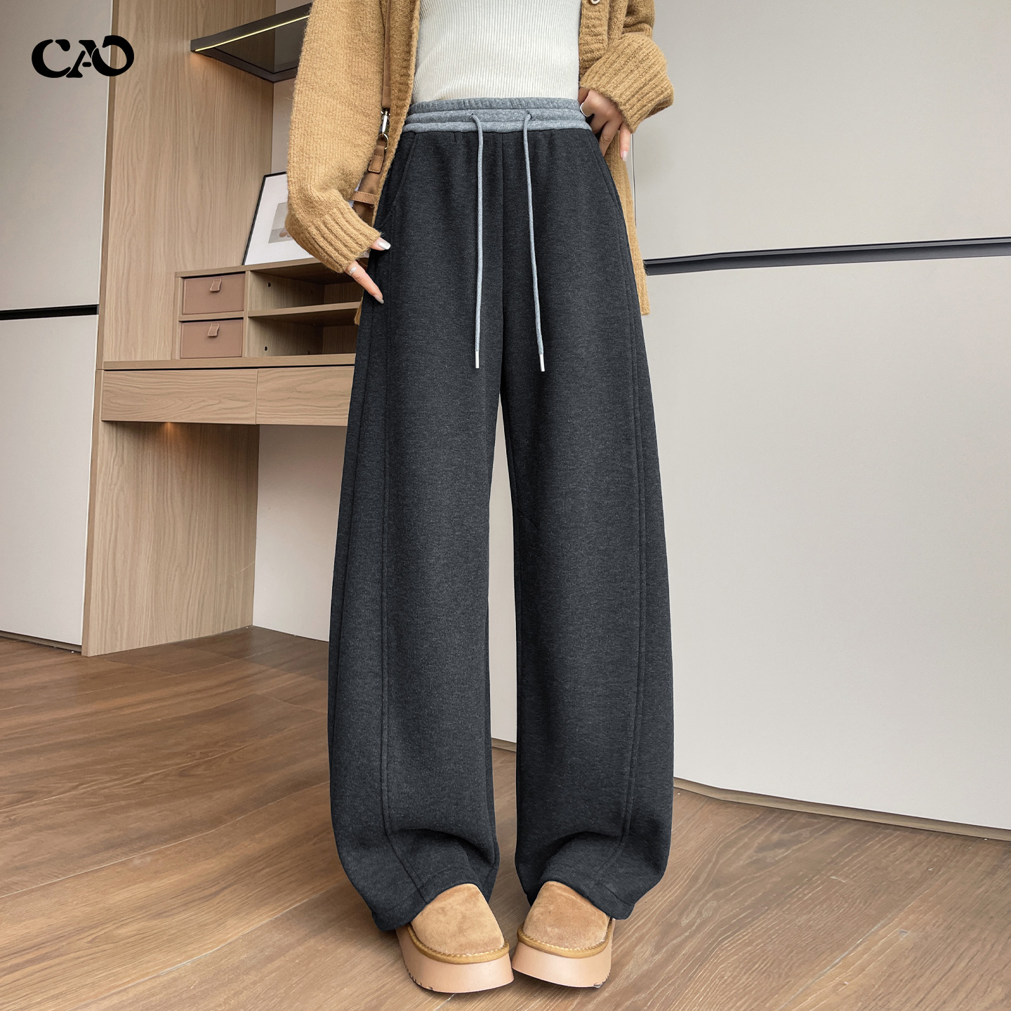 弯刀阔腿裤女深灰色秋冬新款加绒
