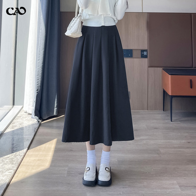 藏蓝色学院风松紧高腰宽松半身裙