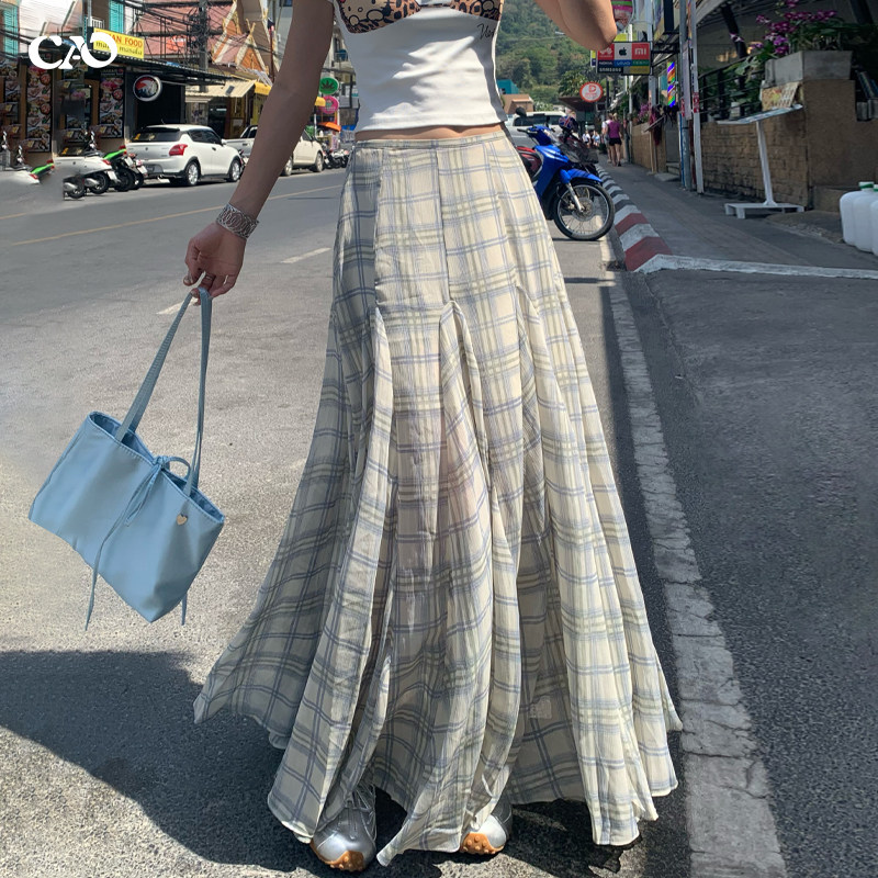 格纹半身裙女2026夏季新款不规则温柔风修身显瘦垂感A字鱼尾长裙