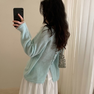 春秋新款圆领纯色后排扣两穿宽松针织开衫薄款上衣中长款韩系女装