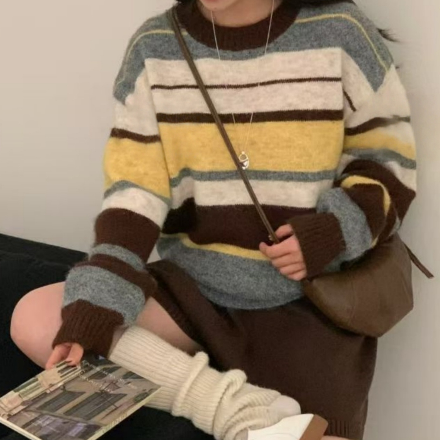 秋冬新款2025纯色针织衫内搭条纹圆领上衣女宽松套头韩系毛衣外穿