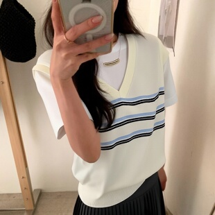 宽松短款 新款 夏季 2026针织短袖 T恤上衣 V领甜美假两件条纹女装