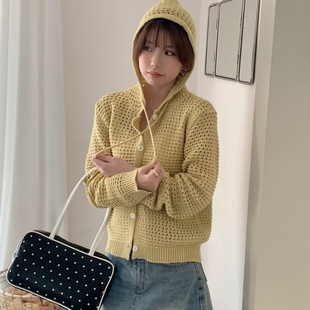 春秋新款2026连帽纯色镂空宽松针织开衫薄款上衣短款韩系女装外穿